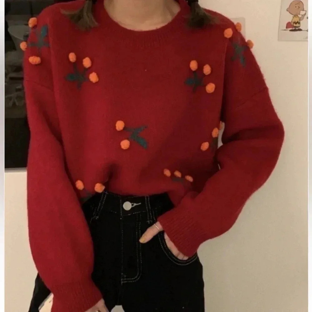 Source Unknown - Novelty Cherry Embroidered Soft Burgundy Red Cropped Sweater